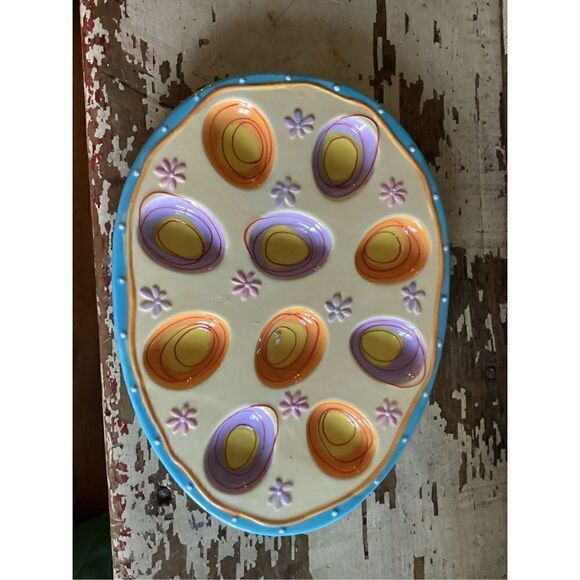 Bella Casa Devil Egg Ceramic Platter Colorful 12”x9” Easter Spring - Picture 2 of 10